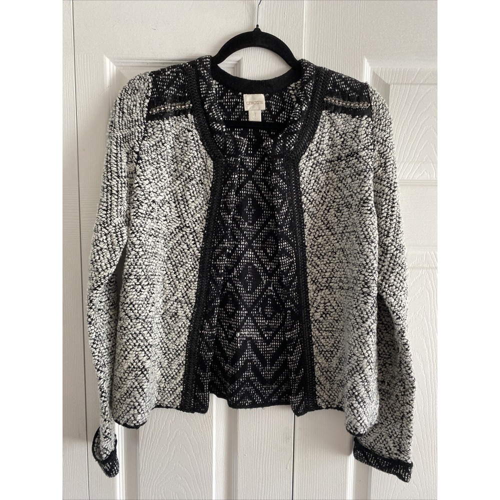 Chico's Open Front Cardigan Womens Size 1 M Black White Wool‎ Blend Embellished